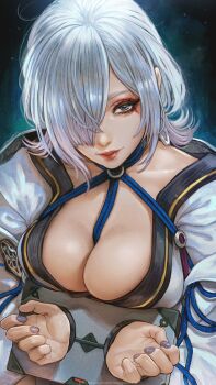 1girl breasts cleavage commentary english_commentary grey_nails hair_over_one_eye highres japanese_clothes kimono large_breasts looking_at_viewer magion02 ninja_gaiden ninja_gaiden_4 restrained seori_(ninja_gaiden) shibari short_hair solo white_hair white_kimono