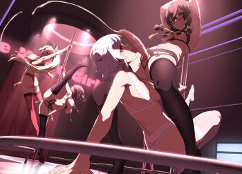 2futa 2girls black_bra black_panties black_thighhighs blonde_hair bra breasts cevio commentary_request crotchless crotchless_panties cum cupless_bra ejaculation erection fellatio futa_with_female futanari hanakuma_chifuyu koharu_rikka large_breasts leg_up licking licking_penis lingerie long_hair medium_breasts multiple_futa multiple_girls natsuki_karin oral panties pasties penis pole ponytail red_thighhighs stage standing stripper_pole synthesizer_v takemura_sessyu tassel thighhighs tongue tsurumaki_maki underwear underwear_only voiceroid white_bra white_panties