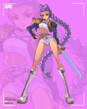 Rule 34 | 1girl, boots, braid, braided ponytail, brown eyes, character name, closed mouth, commentary, cropped jacket, edwin huang, english commentary, full body, hand on own hip, high heel boots, high heels, holding, holding sword, holding weapon, kpop demon hunters, lace-up boots, multiple views, purple hair, rumi (kpop demon hunters), shorts, sword, turtleneck, weapon, white boots, white shorts