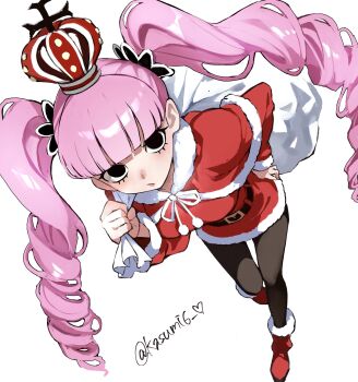 1girl absurdres arched_crown artist_name black_eyes blunt_bangs breasts christmas commentary crown dress drill_hair english_commentary expressionless eyelashes hair_ornament highres kasumi_6 long_hair looking_at_viewer one_piece perona pink_hair santa_costume santa_dress simple_background solo standing twin_drills twintails white_background