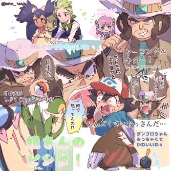 2girls 3boys aqua_necktie arms_on_table ash_ketchum attack axew baseball_cap big_hair black_eyes black_gloves black_hair black_vest blue_jacket blunt_bangs bow bowtie brown_eyes brown_hair brown_shirt brown_vest buttons cilan_(pokemon) clay_(pokemon) clenched_hand closed_mouth collared_shirt commentary_request cowboy_hat creature creature_on_shoulder cropped_torso crossed_arms dark-skinned_female dark_skin dot_nose dress dress_shirt excadrill eyelashes fingerless_gloves frown gen_5_pokemon gloves green_bow green_bowtie green_eyes green_hair grin hair_bow hair_ears hair_ornament hat heart heart-shaped_eyes highres holding holding_poke_ball hood hood_down hooded_jacket iris_(pokemon) jacket lacey_(pokemon) long_hair long_sleeves medium_hair motion_lines multicolored_jacket multiple_boys multiple_girls multiple_views necktie nervous_sweating nintendo notice_lines on_shoulder open_mouth palpitoad parted_bangs pink_bow pink_hair pink_shirt poke_ball poke_ball_(basic) pokemon pokemon_(anime) pokemon_(creature) pokemon_bw_(anime) pokemon_sv puffy_long_sleeves puffy_sleeves red_dress red_hat scared serizawa_serizane shirt short_hair short_sleeves shouting smile snivy sweat teeth thick_eyebrows traditional_bowtie translation_request twitter_username two-tone_headwear two-tone_jacket two_side_up v-neck very_long_hair vest wavy_mouth white_background white_hat white_jacket white_shirt white_wrist_cuffs wide_sleeves wrist_cuffs yellow_eyes yellow_shirt