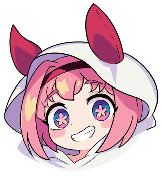 1girl animal_ears blush bow ear_bow ear_covers flower-shaped_pupils flower_in_eye ghost halloween haru_urara_(umamusume) highres horse_ears horse_girl long_hair mem_chi open_mouth original pink_eyes pink_hair ponytail smile solo symbol-shaped_pupils symbol_in_eye umamusume