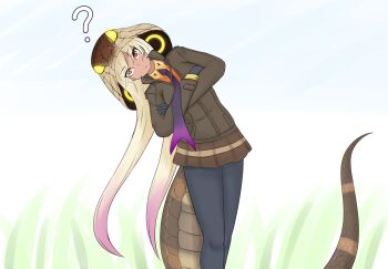 1girl :&lt; ? animal_hood animal_print blonde_hair bodystocking brown_jacket brown_skirt closed_mouth collared_jacket collared_shirt confused crossed_arms dark-skinned_female dark_skin detached_hood feet_out_of_frame glowing glowing_clothes gradient_clothes gradient_necktie high_collar highres hood hood_up jacket kemono_friends kemono_friends_3 king_cobra_(kemono_friends) leaning_to_the_side long_hair long_sleeves long_tail looking_at_viewer miniskirt multicolored_eyes multicolored_hair necktie orange_shirt pink_hair print_hood red_eyes shirt skirt snake_hood snake_print snake_tail solo standing straight-on suiuusuiu tail twintails two-tone_eyes two-tone_hair very_long_hair wing_collar yellow_eyes zipper