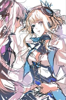 2girls amplehiko arcaea ascot black_ascot blonde_hair blue_dress blue_eyes commentary detached_collar dress eto_(arcaea) highres jacket long_sleeves looking_at_another luna_(arcaea) multiple_girls open_clothes open_jacket purple_eyes short_hair siblings simple_background sisters sketch unfinished white_background white_hair white_jacket wide_sleeves