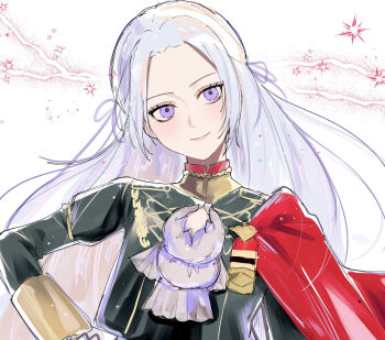 1girl cape commentary_request edelgard_von_hresvelg fire_emblem fire_emblem:_three_houses garreg_mach_monastery_uniform gloves hair_ribbon highres long_hair looking_at_viewer nintendo purple_eyes purple_ribbon red_cape ribbon side_cape simple_background solo tani11a upper_body white_hair
