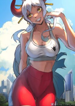 1girl adapted_costume alternate_costume blue_sky breasts city cityscape cloud exercising funi_xd hair_ornament hair_stick highres horns long_hair medium_breasts modernist_architecture one_piece red_horns red_shorts shorts sky smile tank_top tree white_tank_top yamato_(one_piece)
