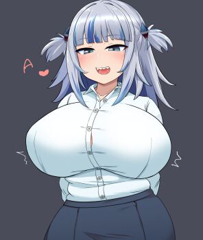 1girl alternate_breast_size_(larger) blue_eyes blue_hair blunt_bangs blush breasts gawr_gura grey_background highres hololive hololive_english holomyth huge_breasts long_hair open_mouth shark_girl shirt shirt_tucked_in skirt solo to_pete virtual_youtuber white_shirt