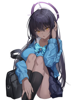 1girl absurdres bag black_hair black_socks blue_archive blue_bow blue_cardigan bow bowtie cardigan collared_shirt commentary dai_mao_xuan_yi dark-skinned_female dark_skin halo highres karin_(blue_archive) karin_(school_uniform)_(blue_archive) long_hair looking_at_viewer open_mouth purple_halo school_bag shirt simple_background sitting socks white_background yellow_eyes