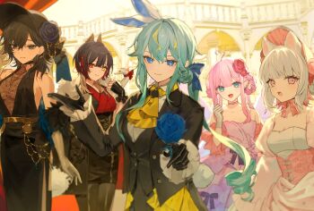 5girls ahoge animal_ears ascot ayase_yuu bare_shoulders black_dress black_gloves black_hair blonde_hair blue_bow blue_eyes blue_flower blue_hair blue_hat blue_rose bow braid breasts buttons choker collarbone daimaou_ruaeru dog_ears dog_girl dress flower gloves gram_pico hair_bow hair_flower hair_ornament hat hat_flower heart heart_ahoge holding holding_flower jewelry kaminari_clara kannagi_loki kokoromo_memory long_hair multicolored_hair multiple_girls necklace open_mouth phase_connect phase_kaleido pink_choker pink_eyes pink_hair purple_dress red_flower red_rose rose shirt smile snake strapless strapless_dress streaked_hair tassel tassel_hair_ornament virtual_youtuber white_dress white_gloves white_hair white_shirt yellow_ascot