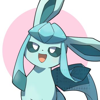 animal_focus blue_eyes bright_pupils commentary_request gen_4_pokemon glaceon happy highres looking_up nintendo no_humans open_mouth pink_background pokemon pokemon_(creature) pokemon_focus shual3734 smile white_background white_pupils