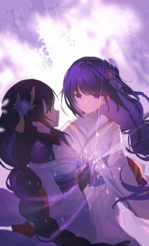 2girls absurdres blunt_bangs blurry braid breasts bridal_gauntlets cleavage commentary depth_of_field fan_hair_ornament flower from_side genshin_impact glowing gradient_hair hair_ornament highres japanese_clothes kimono long_braid long_sleeves makoto_(genshin_impact) multicolored_hair multiple_girls outdoors purple_background purple_kimono raiden_shogun shumuji siblings single_braid sisters twins wide_sleeves wisteria