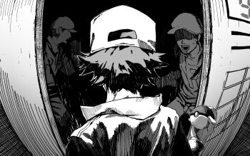 Rule 34 | 3boys, commentary, faceless, faceless male, from behind, greyscale, hand up, hat, hatching (texture), highres, holding, holding poke ball, linear hatching, long sleeves, monochrome, multiple boys, nintendo, open mouth, pants, poke ball, poke ball (basic), pokemon, pokemon firered and leafgreen, red (pokemon), shaded face, shirt, short hair, sleeveless, sleeveless jacket, small sweatdrop, surprised, tangi ver, team rocket grunt