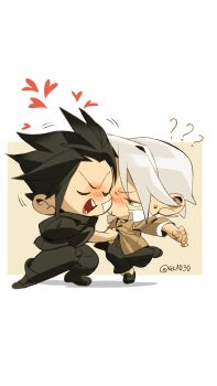 Rule 34 | 2boys, 4k1030, ?, ??, absurdres, bandaid, bandaid on cheek, bandaid on face, black boots, black hair, black jacket, black pants, blush, boots, border, brown jacket, chibi, chibi only, closed eyes, clothes grab, collared shirt, delinquent, final fantasy, final fantasy vii, final fantasy vii: ever crisis, furrowed brow, gakuran, grey hair, highres, jacket, male focus, multiple boys, official alternate costume, open mouth, pants, parted bangs, school uniform, sephiroth, sephiroth (ever crisis), sephiroth (shinra private academy), shirt, grabbing another's shirt, sweater, twitter username, white border, white shirt, yellow sweater, zack fair (midgard seventh high school)