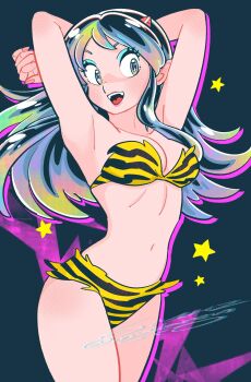animal_print armpits arms_behind_head arms_up bikini breasts cleavage cone_horns eyelashes highres horns long_hair looking_at_viewer lum muda_rengou_to_ziggy_stardust navel open_mouth pointy_ears print_bikini sidelocks signature star_(symbol) swimsuit teeth tiger_print tongue upper_teeth_only urusei_yatsura