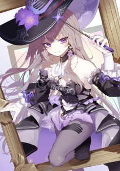 1girl bare_shoulders black_dress black_pantyhose breasts brown_hair cleavage closed_mouth detached_sleeves dress flower hair_between_eyes hair_ornament hat herta_(honkai:_star_rail) highres holding holding_wand honkai:_star_rail honkai_(series) lemon_ice long_sleeves medium_breasts pantyhose picture_frame purple_eyes purple_flower purple_nails smile solo strapless strapless_dress the_herta_(honkai:_star_rail) wand wide_sleeves witch witch_hat