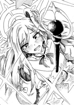 1girl absurdres bare_shoulders blue_archive blush collarbone commentary_request crescent detached_collar detached_sleeves embarrassed from_above greyscale halo head_wings highres long_hair magical_girl monochrome orb single_hair_intake single_head_wing sleeve_bow solo sparkle suzumi_(blue_archive) suzumi_(magical)_(blue_archive) sweatdrop uzoym43218 very_long_hair wand wings