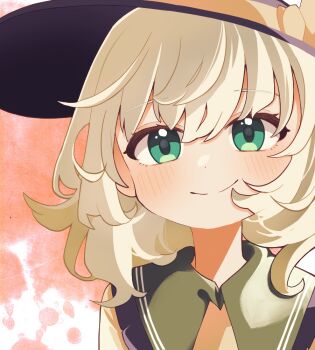 1girl black_hat blush bow commentary_request frilled_shirt_collar frills green_eyes green_hair hat hat_bow hat_ribbon komeiji_koishi portrait ribbon shirt smile touhou yamase yellow_bow yellow_ribbon yellow_shirt