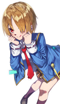 Rule 34 | 1girl, :q, absurdres, black shoes, black socks, blonde hair, blue jacket, blush, brown skirt, clenched hands, closed mouth, collared shirt, commentary, dutch angle, eyes visible through hair, foot out of frame, furrowed brow, hair ornament, hair over one eye, hairclip, hands up, heaven burns red, highres, jacket, kayamori ruka, kisaragi yayoi (ksrg yayoi), kneehighs, leaning forward, loafers, long bangs, long sleeves, looking at viewer, miniskirt, necktie, open clothes, open jacket, parallel hairclips, plaid clothes, plaid skirt, pleated skirt, red eyes, red necktie, shirt, shoes, short hair, simple background, skirt, smile, socks, solo, standing, teheperinko (heaven burns red), tehepero, tongue, tongue out, white background, white shirt