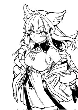 Rule 34 | 1girl, amaya 5321, animal ears, arknights, arknights: endfield, bare shoulders, bird ears, bird girl, black gloves, blush, breasts, closed mouth, collar, collared dress, commentary request, cowboy shot, dress, flower, from above, gloves, greyscale, hair flower, hair ornament, highres, jacket, lineart, long hair, looking at viewer, loose hair strand, medium breasts, monochrome, off shoulder, outline, pantyhose, perlica (arknights), sleeveless, sleeveless dress, smile, solo, standing, thick eyelashes, unfinished, unkempt, upper body, watch, white background, white dress, white jacket, wristwatch