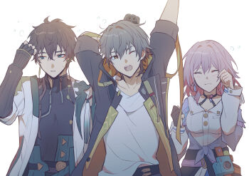 Rule 34 | 1girl, 2boys, aqua eyes, armor, arms up, black choker, black coat, black gloves, black hair, black shirt, blue jacket, blue skirt, breasts, buttons, caelus (honkai: star rail), cake cat (honkai: star rail), camera, character hat, chinese clothes, choker, clenched hands, closed eyes, closed mouth, clothes around waist, coat, collarbone, collared shirt, commentary request, constellation print, dan heng (honkai: star rail), earclip, earrings, eyeliner, fingerless gloves, gloves, grey hair, hair between eyes, hand on own face, hand up, hands up, hat, highres, honkai: star rail, honkai (series), hood, hooded coat, jacket, jewelry, lapels, long sleeves, looking at viewer, looking to the side, makeup, march 7th (honkai: star rail), march 7th (preservation) (honkai: star rail), medium breasts, messy hair, mini hat, multiple boys, one eye closed, open clothes, open coat, open jacket, open mouth, partially fingerless gloves, pink hair, puffy long sleeves, puffy sleeves, red eyeliner, rune (rne at), shirt, short hair, shoulder armor, sidelocks, simple background, single earring, single glove, skirt, sleeping, standing, sweatdrop, t-shirt, teeth, tied jacket, tongue, trailblazer (honkai: star rail), trailblazer (trash cake) (honkai: star rail), two-sided coat, two-sided fabric, white background, white coat, white shirt, yawning, yellow coat, yellow eyes, zipper