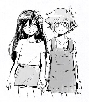 1boy 1girl aged_down antenna_hair aubrey_(faraway)_(omori) aubrey_(omori) basil_(faraway)_(omori) basil_(omori) blush bow closed_eyes closed_mouth commentary double-parted_bangs english_commentary greyscale hair_between_eyes hair_bow holding_hands interlocked_fingers long_hair looking_at_viewer monochrome omocat omori open_mouth overall_shorts overalls shirt short_hair short_sleeves sidelocks simple_background sketch skirt smile t-shirt