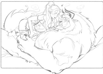 1boy 1girl beast_(disney) beauty_and_the_beast_(disney) belle_(disney) blush breasts cleavage clothed_female_nude_male completely_nude corset furry furry_male furry_with_non-furry greyscale heart hetero horns interspecies kukumomo lying monochrome muscular muscular_male nude on_back panties sketch straddling tusks underwear