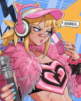 1girl absurdres alohapz animal_ear_headphones animal_ears artist_name bandaid bandaid_on_face bandaid_on_nose blonde_hair blue_eyes blue_eyeshadow blue_nails braid commentary eyeshadow fake_animal_ears headphones highres holding holding_phone magik_(new_millenia_might)_(x-men) magik_(x-men) makeup marvel marvel_rivals new_mutants official_alternate_costume parted_lips phone ponytail solo symbol-only_commentary visor_cap x-men