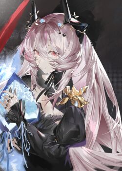 1girl absurdres ananke_7 arknights black_background black_horns black_shirt blue_flower bouquet closed_mouth flower grey_hair hair_between_eyes hair_flower hair_ornament highres holding holding_bouquet horns jewelry light_smile long_hair looking_at_viewer making-of_available multiple_rings pink_eyes ring shirt sleeves_past_wrists solo theresa_(arknights) upper_body