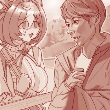 1boy 1girl @_@ ahoge animal_ears bag beardmarmot between_breasts bow breasts brown_hair double-parted_bangs ear_ribbon gloves hair_between_eyes hairband horse_ears horse_girl horse_tail large_breasts lowres meisho_doto_(turbulent_blue)_(umamusume) meisho_doto_(umamusume) multicolored_hair pink_hairband shoulder_bag strap_between_breasts tail two-tone_hair umamusume white_gloves white_hair