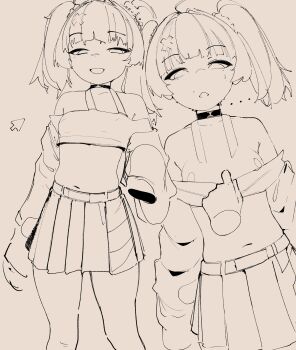 ... 1girl absurdres bandaid bandaid_hair_ornament bare_shoulders choker clothes_pull coral_(pokemon) disembodied_hand greyscale hair_ornament highres monochrome multiple_views navel naxius_noxy nintendo nipples open_mouth pokemon pokemon_(anime) pokemon_horizons pulling_another's_clothes shirt_pull simple_background skirt sleeves_past_fingers sleeves_past_wrists smile twintails