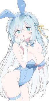Rule 34 | 1girl, :o, absurdres, animal ear hairband, animal ears, bare shoulders, blue bow, blue bowtie, blue eyes, blue hair, blue hairband, blue leotard, blush, bow, bowtie, braid, breasts, check copyright, cleavage, commentary request, copyright request, cowboy shot, detached collar, dot nose, fake animal ears, fake tail, gloves, hair between eyes, hair ribbon, hairband, hands up, highres, large breasts, leotard, long hair, looking at viewer, open mouth, original, playboy bunny, rabbit ear hairband, rabbit ears, rabbit tail, ribbon, simple background, solo, strapless, strapless leotard, tail, thigh strap, urotsuki (ku9625), white background, white gloves, yellow ribbon
