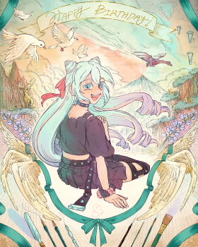 1boy absurdres androgynous blue_eyes blue_hair cone_hair_bun drill_hair fire_emblem fire_emblem_engage folded_twintails hair_bun hair_horns happy_birthday highres long_hair looking_at_viewer male_focus mawguai nintendo pink_hair rosado_(fire_emblem) smile solo trap