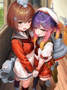 2girls beret black_thighhighs brown_eyes brown_hair brown_neckerchief dress em_s gradient_hair grey_sailor_collar hat height_difference highres holding_hands indoors juliet_sleeves kantai_collection long_hair long_sleeves looking_at_viewer mast miniskirt multicolored_hair multiple_girls neckerchief orange_hair original_remodel_(kantai_collection) pleated_skirt puffy_sleeves purple_hair radar_hair_ornament red_shirt red_skirt republic_of_china_flag rigging sailor_collar sailor_shirt shirt short_hair sidelocks skirt smokestack tan_yang_(kancolle) thigh_strap thighhighs tsushima_(kancolle) white_dress white_hat yellow_eyes yukikaze_(kancolle)