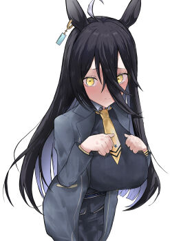 1girl absurdres ahoge alternate_breast_size_(larger) animal_ears black_hair black_skirt black_vest blunt_ends blush breasts closed_mouth collared_shirt cystride ear_ornament ear_tag earrings hair_between_eyes hand_on_own_chest hem_peeking_out highres horse_ears horse_girl jewelry large_breasts long_hair long_hair_between_eyes looking_at_viewer manhattan_cafe_(umamusume) multicolored_hair necktie pleated_skirt shirt simple_background single_earring skirt smile solo umamusume very_long_hair vest white_background white_hair white_shirt yellow_eyes yellow_necktie