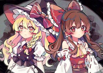 2girls apron ascot bare_shoulders black_background black_hat black_skirt black_vest blonde_hair blush bow braid brown_eyes brown_hair closed_mouth collared_shirt commentary_request cowboy_shot detached_sleeves double-parted_bangs frilled_hair_tubes frilled_shirt_collar frills grey_background hair_between_eyes hair_tubes hakurei_reimu hand_on_own_chest hat hat_bow hat_ribbon heart heart-shaped_pupils heart_in_eye kirisame_marisa kyouda_suzuka long_hair long_sleeves multiple_girls nail_polish red_bow red_nails red_ribbon red_shirt red_skirt ribbon ribbon-trimmed_sleeves ribbon_trim shirt single_braid skirt symbol-shaped_pupils symbol_in_eye touhou twitter_username vest waist_apron white_apron white_ribbon witch_hat wrist_bow yellow_ascot yellow_eyes