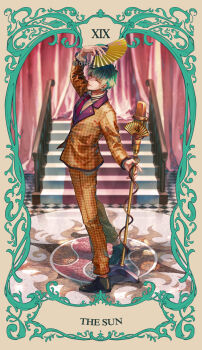 Rule 34 | 1boy, ^ ^, ahoge, aqua border, arm up, black shoes, black trim, border, brown border, card (medium), choppy bangs, closed eyes, collared shirt, commentary request, contrast collar, contrast lapels, curtains, dress shoes, facing viewer, fingernails, folding fan, formal clothes, from above, from side, fukeda chiho, full body, green hair, hand fan, highres, holding, holding fan, holding microphone stand, houndstooth, hypnosis mic, hypnosis microphone, indoors, jacket, lapel pin, lapels, light smile, long sleeves, male focus, microphone stand, multicolored hair, necktie, nurude sasara, orange jacket, orange pants, orange suit, ornate border, outside border, pants, railing, red necktie, shadow, shirt, shoes, short hair, solo, stairs, standing, suit, suit jacket, suit pants, sun symbol, tarot, tarot (medium), the sun (tarot), tile floor, tiles, twitter username, very short hair, white shirt