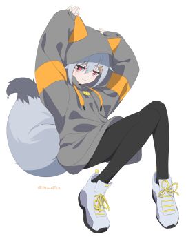 Rule 34 | 1girl, absurdres, animal ear hood, arms up, black pantyhose, closed mouth, commentary, fake animal ears, fox girl, fox tail, full body, grey hair, grey hoodie, grey shoes, hair ornament, hairclip, highres, hood, hood up, hoodie, long sleeves, minowa sukyaru, miwa kitsune-chan, original, pantyhose, red eyes, shoes, short hair, simple background, sleeves past wrists, smile, sneakers, solo, tail, twitter username, untranslatable commentary, white background