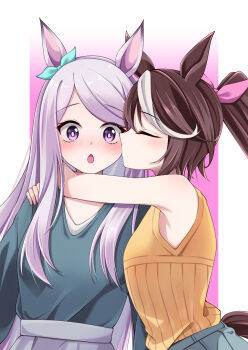 2girls absurdres animal_ears arms_around_neck bare_arms blue_shirt blush brown_hair closed_eyes commentary grey_skirt highres horse_ears horse_girl kamiya_(kamiya19930330) kiss kissing_cheek mejiro_mcqueen_(umamusume) multiple_girls open_mouth ponytail purple_eyes purple_hair shirt skirt sleeveless sleeveless_shirt tokai_teio_(umamusume) umamusume upper_body white_streaks yellow_shirt yuri