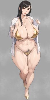 1girl alternate_body_size areola_slip armpit_hair bikini black_hair breasts cameltoe cleavage collarbone commentary_request curvy female_pubic_hair final_fantasy final_fantasy_vii full_body gold_bikini grey_background high_heels highres large_breasts lips long_hair long_sleeves looking_at_viewer mature_female micro_bikini nanabe_78 navel parted_lips plump pubic_hair red_eyes shirt sidelocks simple_background smile solo standing sweat swimsuit thick_thighs thighs tifa_lockhart white_shirt
