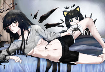 2girls 3_iq_tuna absurdres angel arknights black_choker black_hair black_halo black_shorts black_wings breasts choker commentary controller detached_wings dolphin_shorts english_commentary game_controller glasses grey_sweater halo highres holding holding_controller holding_game_controller indoors large_variant_set long_hair lying multiple_girls navel on_bed on_side shorts small_breasts stomach sweater underboob variant_set very_long_hair virtuosa_(arknights) wings