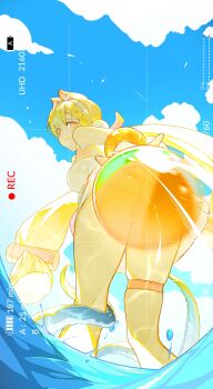 1girl absurdres alice_thymefield alice_thymefield_(sea_of_thyme) animal_ears ball bare_shoulders battery_indicator blonde_hair blue_sky bracelet closed_mouth cloud convenient_censoring dress_swimsuit from_behind hair_ornament hairband hashtag-only_commentary highres in_water jewelry long_hair looking_at_viewer low_twintails official_alternate_costume one-piece_swimsuit rabbit_ears rabbit_girl recording sky solo sphere_hair_ornament suction_cups swimsuit tentacles thigh_strap throwing twintails viewfinder wading water white_hairband white_one-piece_swimsuit wolfour yellow_eyes zenless_zone_zero