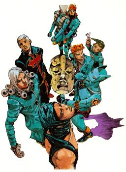 2others 6+boys animal_ears araki_hirohiko battle_tendency belt black_gloves black_necktie black_shirt blue_coat blue_jacket blue_pants blue_skin blue_sweater blue_theme buzz_cut cassock cat_ears coat collared_shirt colored_skin curly_hair dark-skinned_male dark_skin diamond_wa_kudakenai dio_brando enrico_pucci formal_clothes from_above funny_valentine gloves green_belt green_hair grey_gloves grey_hair grey_headband grey_helmet grey_shirt hatching_(texture) headband headscarf helmet highres holding holding_stuffed_toy in-franchise_crossover jacket jojo_no_kimyou_na_bouken kars_(jojo) killer_queen kira_yoshikage long_coat long_hair looking_at_viewer male_focus multiple_boys multiple_others necktie official_alternate_costume official_art orange_hair orange_lips pants priest purple_suspenders revealing_clothes scan shadow shirt short_hair simple_background stand_(jojo) standing stardust_crusaders steel_ball_run stone_mask_(jojo) stone_ocean stuffed_animal stuffed_mouse stuffed_toy suit suit_jacket sweater the_world time_paradox traditional_media vento_aureo very_short_hair vinegar_doppio white_background yellow_lips