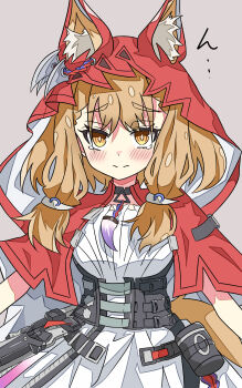 1girl absurdres animal_ear_fluff animal_ear_piercing animal_ears arknights arknights:_endfield blonde_hair blush bright_pupils cape closed_mouth commentary dress ears_through_headwear fang highres hood hood_up hooded_cape jewelry long_hair looking_at_viewer low_twintails necklace red_cape rossi_(arknights) simple_background skin_fang solo tail tooth_necklace twintails white_background white_dress white_pupils wolf_ears wolf_girl wolf_tail yellow_eyes ziromaru765