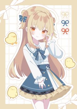 Rule 34 | 1girl, 9ra4ki33, absurdres, baby animal, bird, blonde hair, blue bow, blue bowtie, blue skirt, blush, border, bow, bowtie, chick, closed mouth, collared shirt, commentary, cowboy shot, double bun, frilled skirt, frilled sleeves, frills, furrowed brow, hair between eyes, hair bow, hair bun, hamidashi creative, hand up, high-waist skirt, highres, izumi hiyori, long hair, long sleeves, looking at viewer, orange eyes, outline, outside border, shirt, sidelocks, simple background, skirt, smile, solo, straight hair, two side up, very long hair, white background, white outline, white shirt, yellow border
