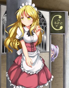 2girls 495-flan apron black_bow black_bowtie blonde_hair blue_eyes bow bowtie cafe dress frills hair_bobbles hair_ornament hiding highres long_hair looking_to_the_side maid maid_headdress multiple_girls one_side_up playing_with_own_hair puffy_short_sleeves puffy_sleeves red_dress ribbon shinki_(touhou) short_sleeves side_ponytail touhou touhou_(pc-98) waiting yellow_eyes yumeko_(touhou)