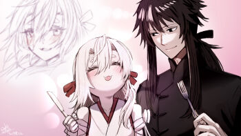 1boy 1girl absurdres black_eyes black_hair black_shirt blush closed_eyes commission fork hair_ribbon highres hinomoto_madoka holding holding_fork holding_knife holding_utensil japanese_clothes kimono knife long_hair looking_at_another making_faces original ponytail ribbon shirt sidelocks skeb_commission sketch smile thick_eyebrows tongue tongue_out turtleneck turtleneck_shirt upper_body white_hair