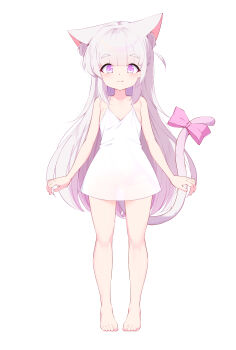 1girl absurdres animal_ears arms_at_sides bare_arms bare_shoulders barefoot blunt_bangs bow camisole cat_ears cat_tail closed_mouth commentary_request commission fang fang_out flat_chest full_body highres long_hair looking_at_viewer original painter-lhb pink_eyes pink_hair psd_available simple_background skin_fang smile solo standing straight-on tail tail_bow tail_ornament tareme white_background white_camisole