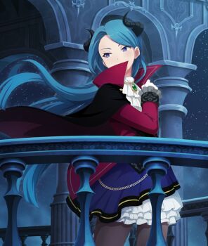 Rule 34 | 1girl, aqua hair, ascot, black cape, black horns, black pantyhose, blue dress, blue sky, blunt ends, brooch, cape, chain, contrapposto, covered mouth, cowboy shot, curled horns, demon horns, dot nose, dress, game cg, gem, gloves, gold chain, green gem, halloween, halloween costume, hand on own shoulder, high collar, horns, jacket, jewelry, long hair, long sleeves, looking to the side, night, official art, pantyhose, pillar, purple eyes, railing, red jacket, sky, solo, star (sky), starry sky, third-party source, toji no miko, toji no miko: kizamishi issen no tomoshibi, very long hair, watanuki kazumi, white ascot, white gloves