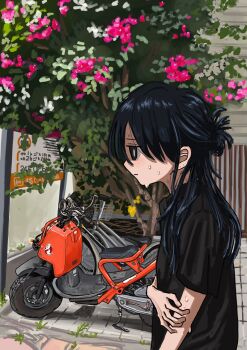 1girl black_eyes black_hair black_shirt bright_pupils hair_between_eyes half_updo hashtag-only_commentary highres holding_own_arm motor_vehicle nanac_go original outdoors plant profile scooter shirt short_sleeves solo sweat vines white_pupils