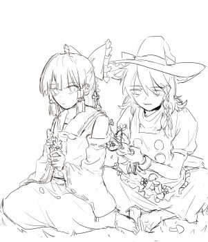 Rule 34 | 2girls, absurdres, apron, ascot, babaiwan fengchui, barefoot, bow, braid, braiding another's hair, braiding hair, chinese commentary, closed mouth, commentary request, detached sleeves, flower, frilled bow, frilled hair tubes, frills, greyscale, hair bow, hair flower, hair ornament, hair tubes, hairdressing, hakurei reimu, hat, hat bow, highres, holding, holding flower, kirisame marisa, long hair, monochrome, multiple girls, puffy short sleeves, puffy sleeves, ribbon-trimmed sleeves, ribbon trim, short sleeves, side braid, single braid, sitting, sketch, skirt, smile, touhou, vest, witch hat